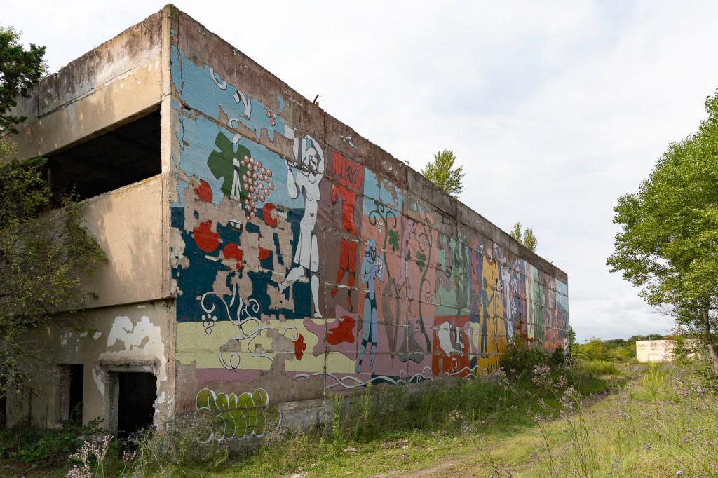 Een beschilderde muur van een verlaten gebouw, versierd met kleurrijke mural kunst, omringd door gras en bomen.
